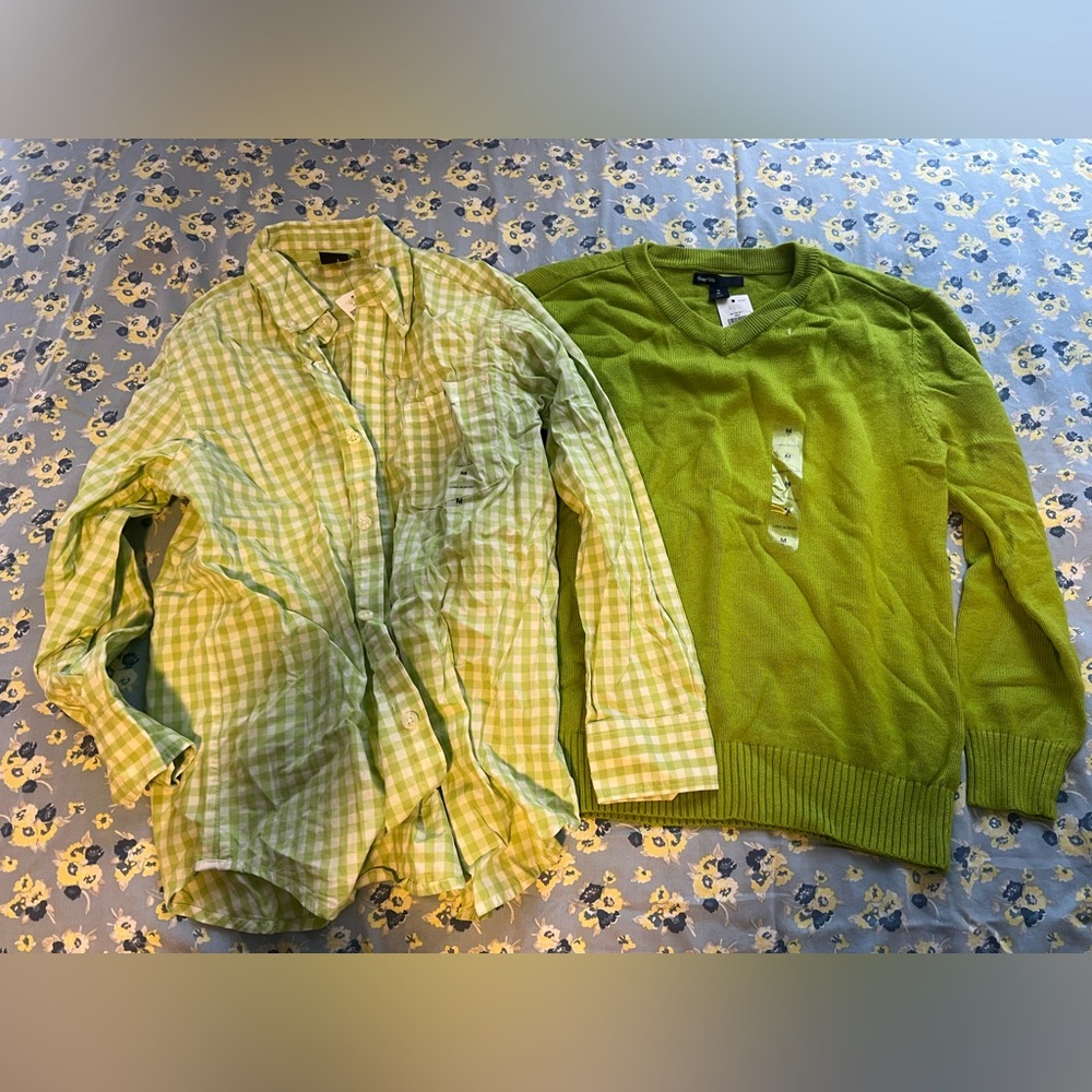 Gap Boys Green Gingham Check Button Down Shirt & Cotton V-Neck Sweater NWT NEW